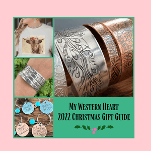 Gift Guide 2022 Boho Western Jewelry Cowgirl Shirts hand stamped wine charms in copper and aluminum