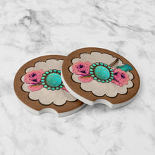 Car Coasters Turquoise Roses and Feathers