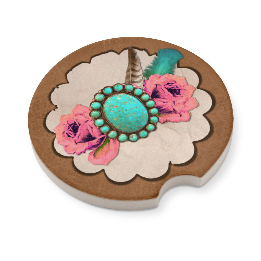 Car Coasters Turquoise Roses and Feathers