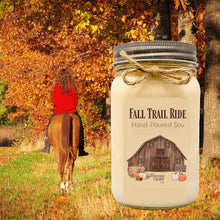 girl on horse fall trail ride candle in mason jar with old barn pumpkin and hay