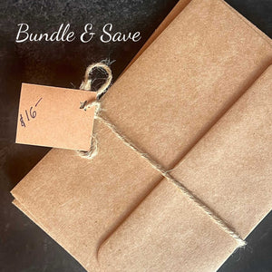 Brown paper bundle with a tag and twine on a dark surface, with 'Bundle & Save' text.