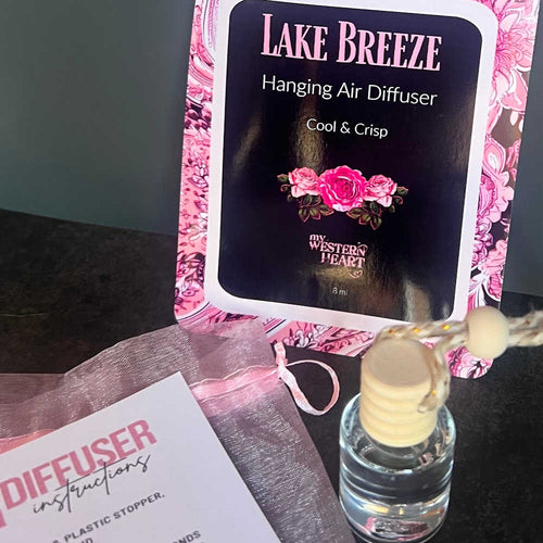 Lake Breeze hanging air diffuser with packaging and bottle on a surface