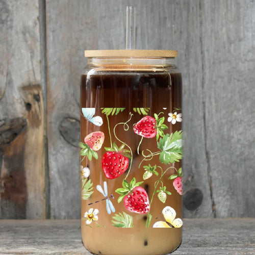 Summer Vibes Glass Soda Can – Country Girl Gift, Strawberries, Dragonflies & Butterflies DesignSoda Can Glasses