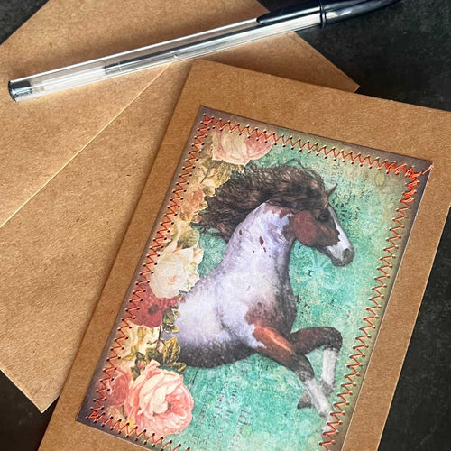 Paint Horse Greeting Card with Orange Roses – Hand-Sewn, Blank Inside for Horse Lovers