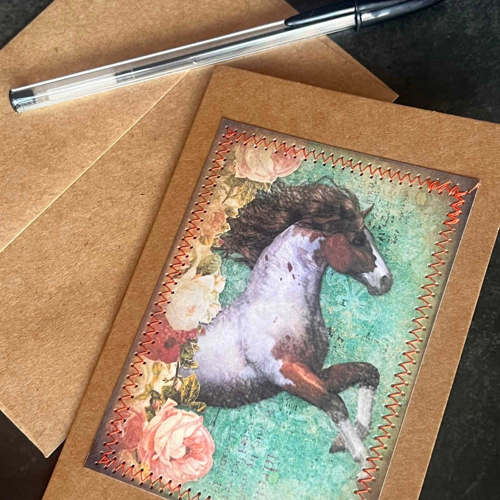 Paint Horse Greeting Card with Orange Roses – Hand-Sewn, Blank Inside for Horse Lovers