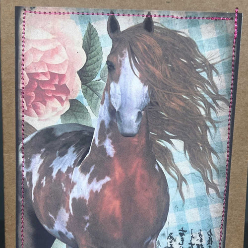 Paint Horse Greeting Card with Flowing Mane & Light Orange Roses – Hand-Sewn, Blank Inside for Horse Lovers