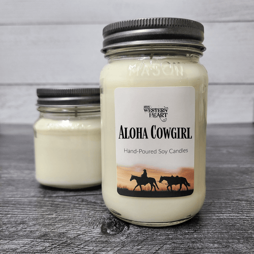 Aloha Cowgirl candles for equestrians has cowgirl with horses