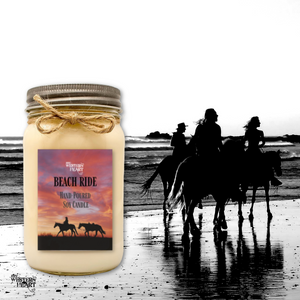 Beach Ride candle for equestrians with people riding horses on beach