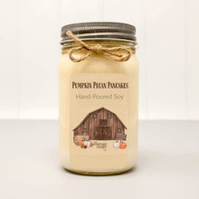 pumpkin pecan pancakes candle with lid in mason jar has old barn on label with pumpkins and hay