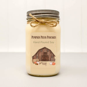 pumpkin pecan pancakes candle with lid in mason jar has old barn on label with pumpkins and hay