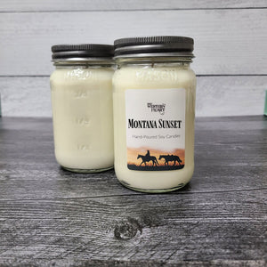 PIne campfire scented soy candle Montana Sunset
