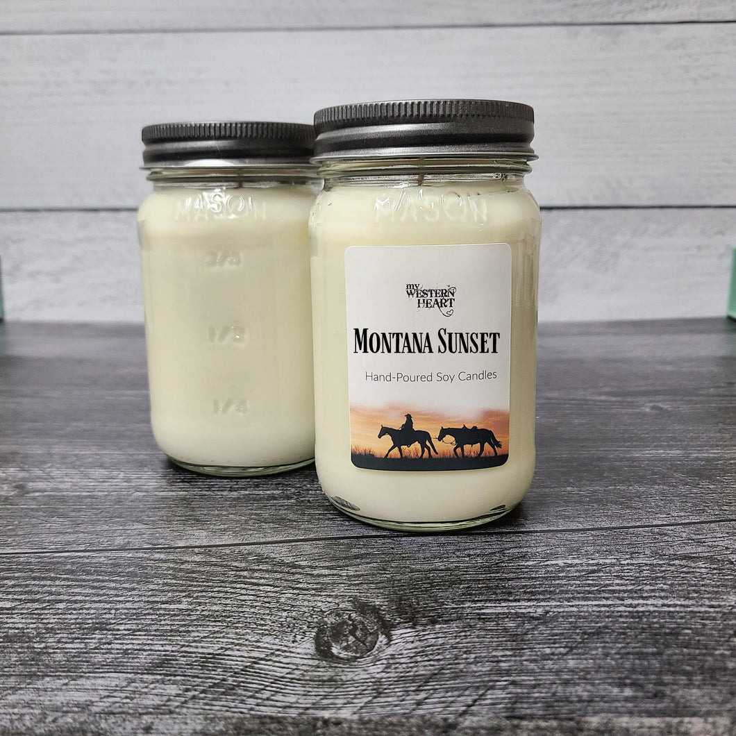 PIne campfire scented soy candle Montana Sunset