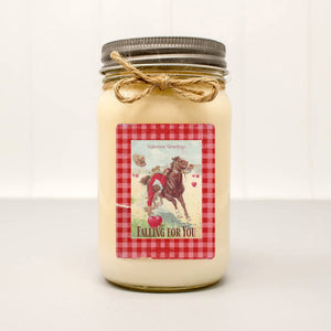 Vintage Cowboy Valentine Greeting on Candle with Red White Gingham