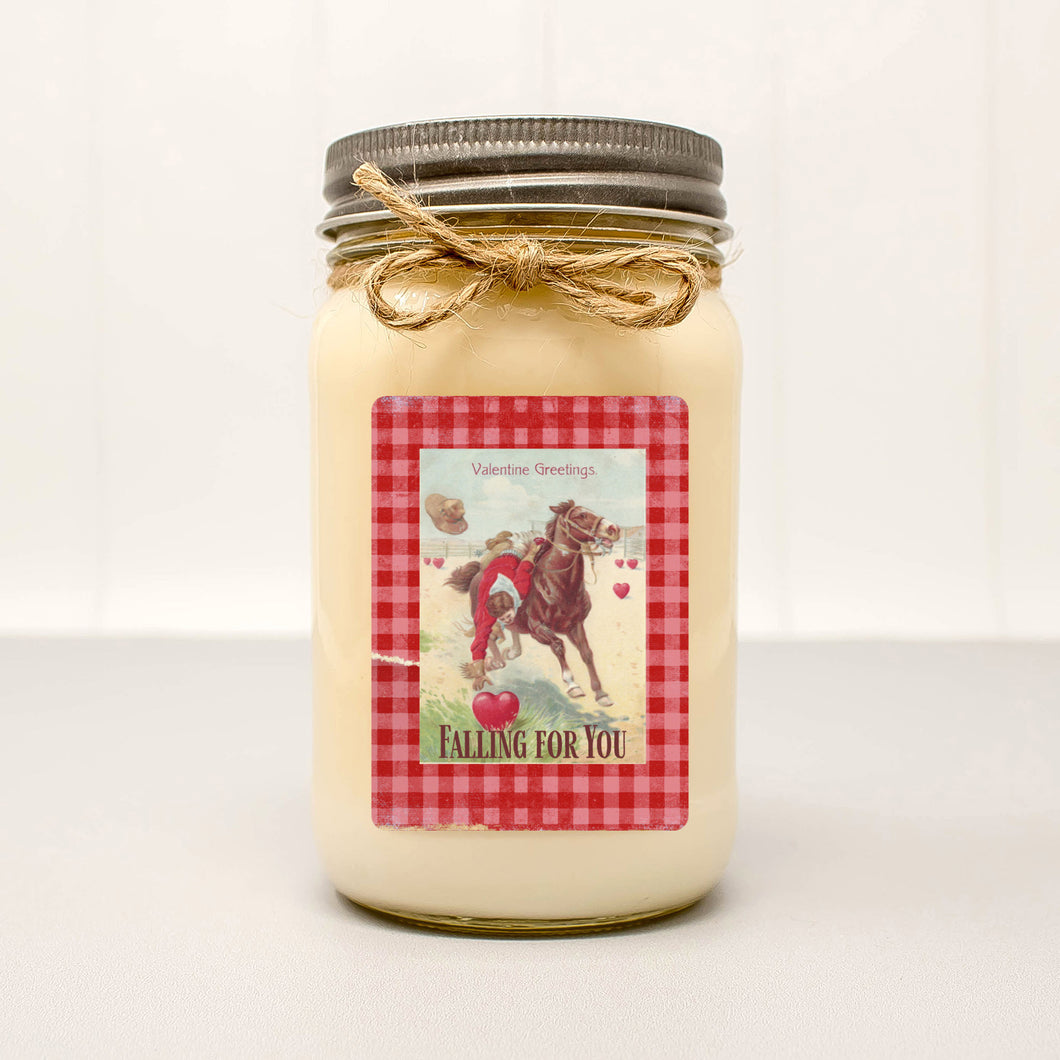 Vintage Cowboy Valentine Greeting on Candle with Red White Gingham