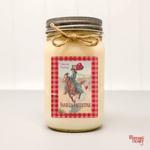 Vanilla valentine scented candle with vintage cowgirl riding horse vanilla scented candle