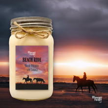 Beach Ride candles for equestrians has woman riding horse on beach with beach ride candle